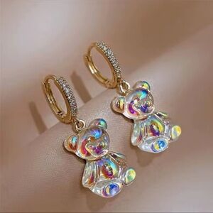 Iridescent Crystal Teddy Bear Dangle Earrings Shiny Zircon Golden Copper Drop